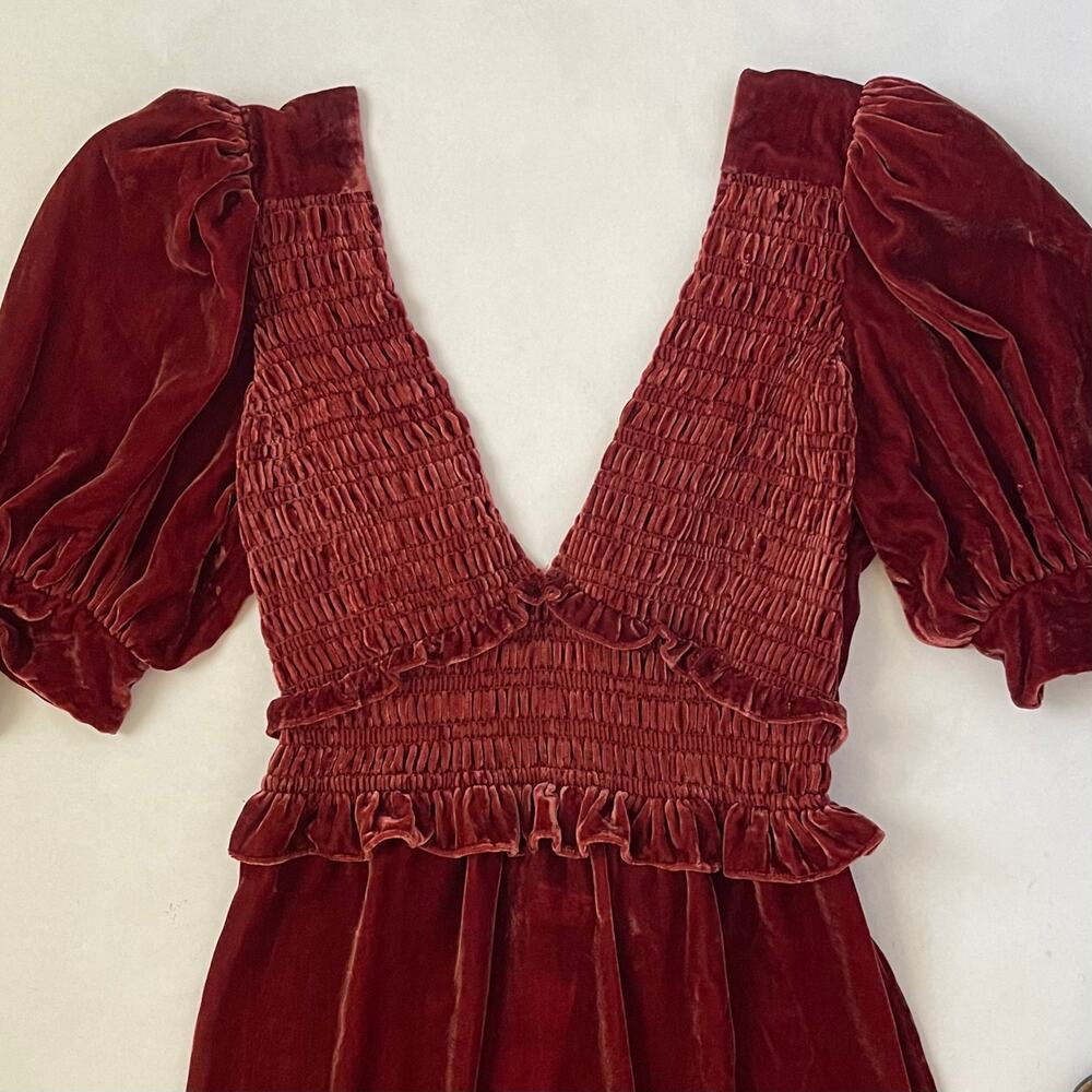 NWT Sea New York Mayde Velvet Puff Sleeve Smocked Midi Dress - Burgundy - Size M - Picture 5 of 8